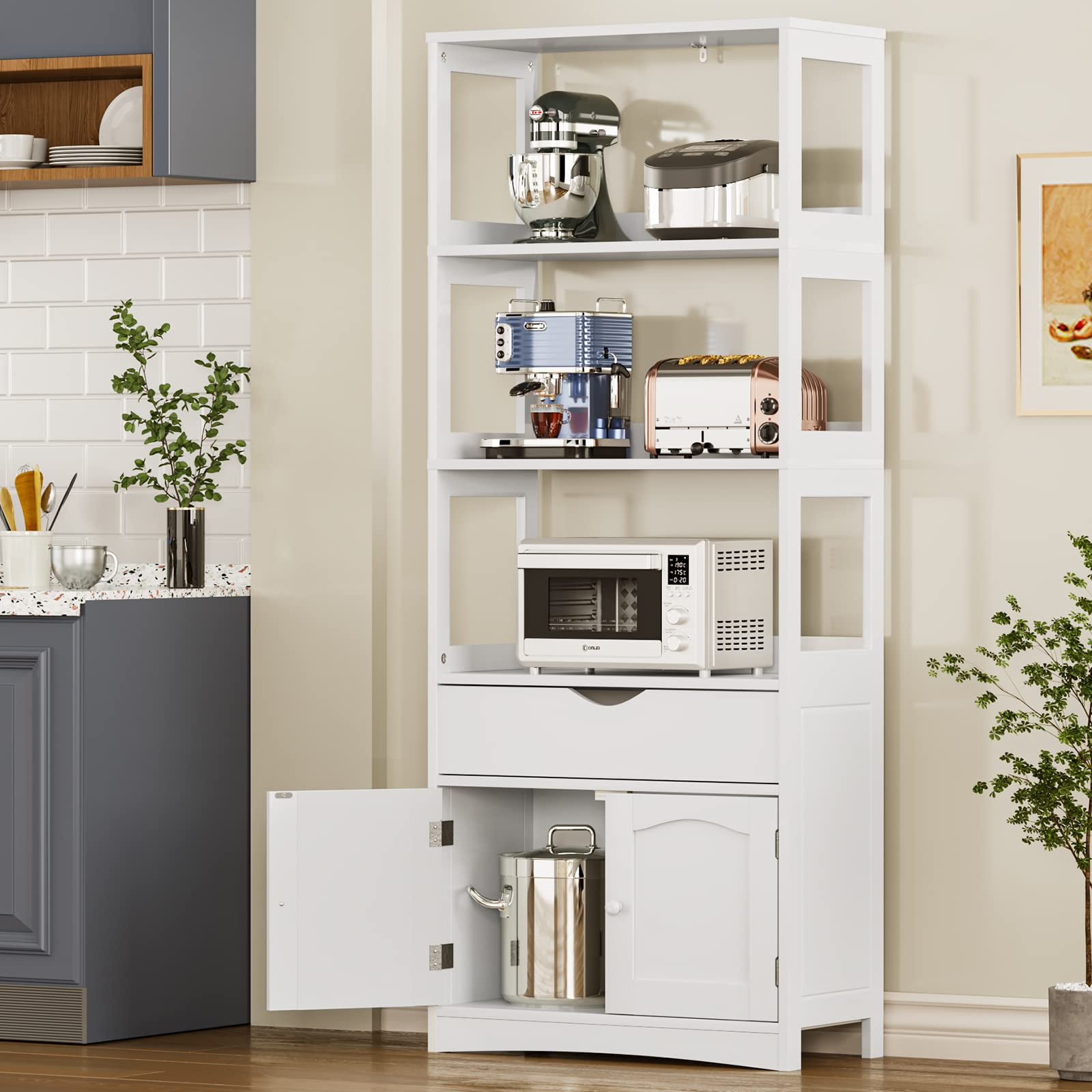 Afuhokles 64 Kitchen Pantry Cabinets Freestanding Tall Bathroom Storage Cabinet with Shelves and Drawer Sideboard Storage Cabinet with Microwave Space Cupboard Storage Organizer White Walmart