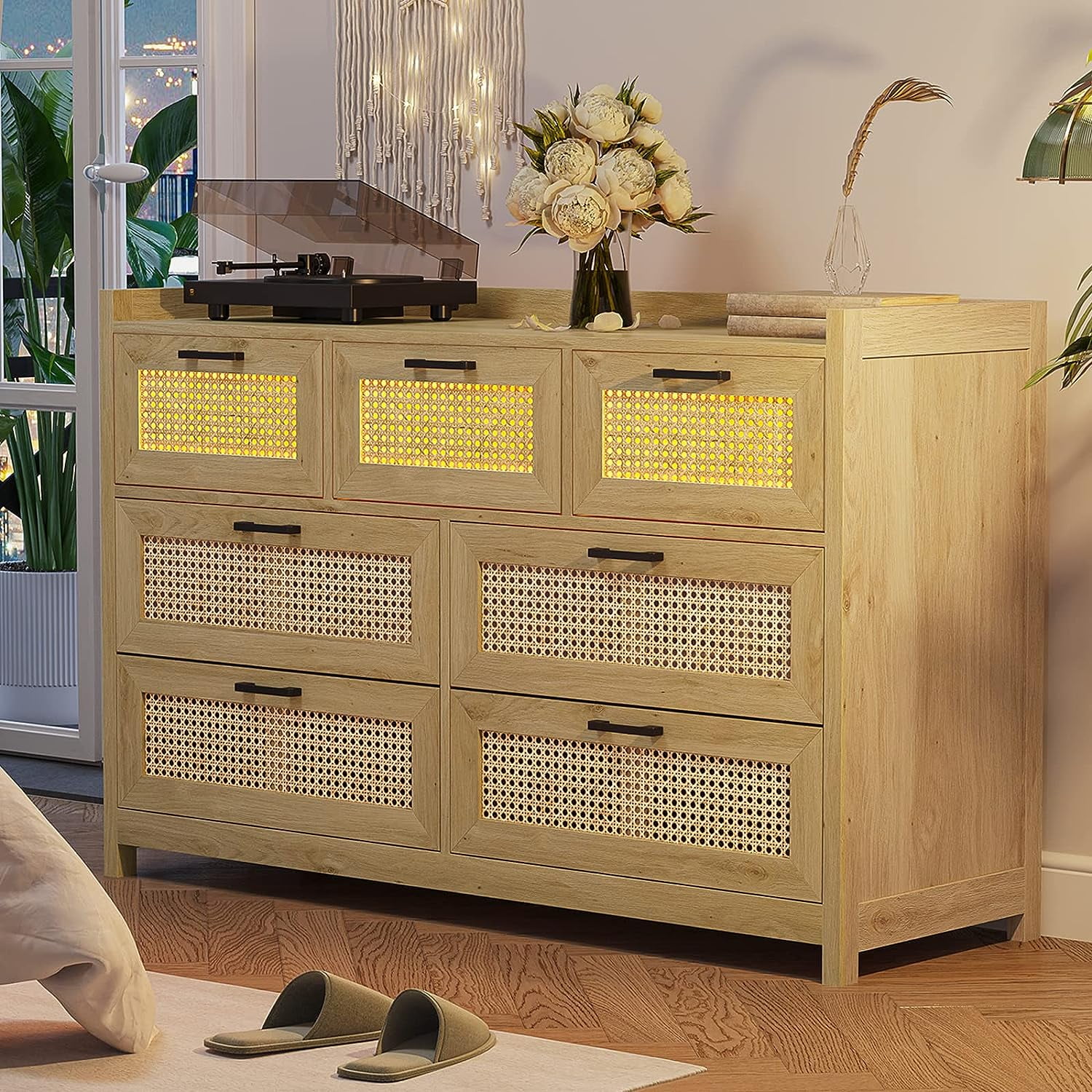 Afuhokles 7 Drawer Dressers for Bedroom with Led Light, Natural Rattan