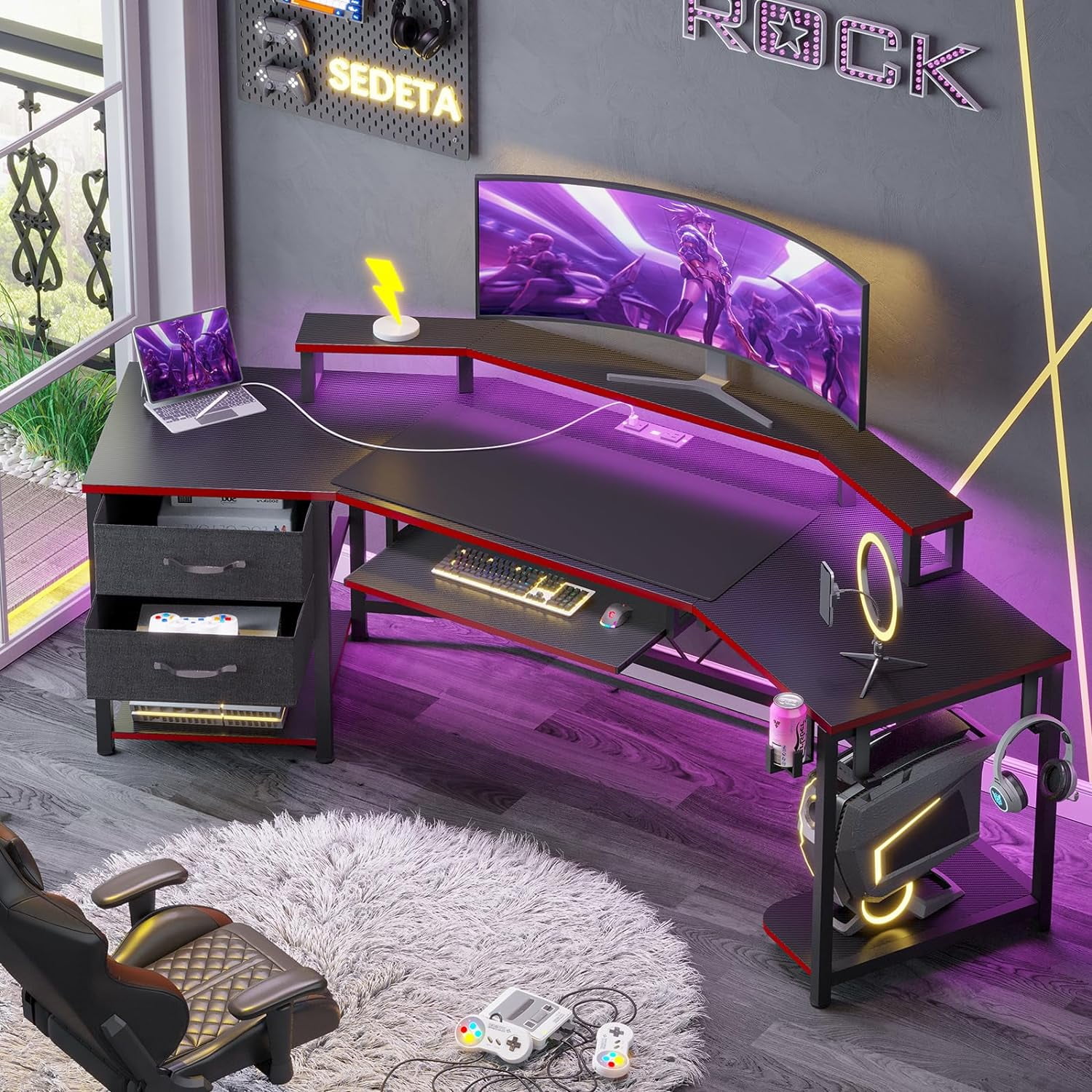 79" L-Shaped Black and Red Gaming Desk with LED Lights