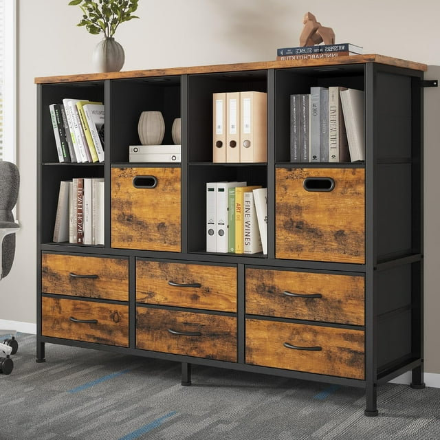 Afuhokles 8 Cube Bookcase, Storage Bookshelf with 6 Fabric Drawers, 4 Tier Bookcase with Open Display Shelves, Brown