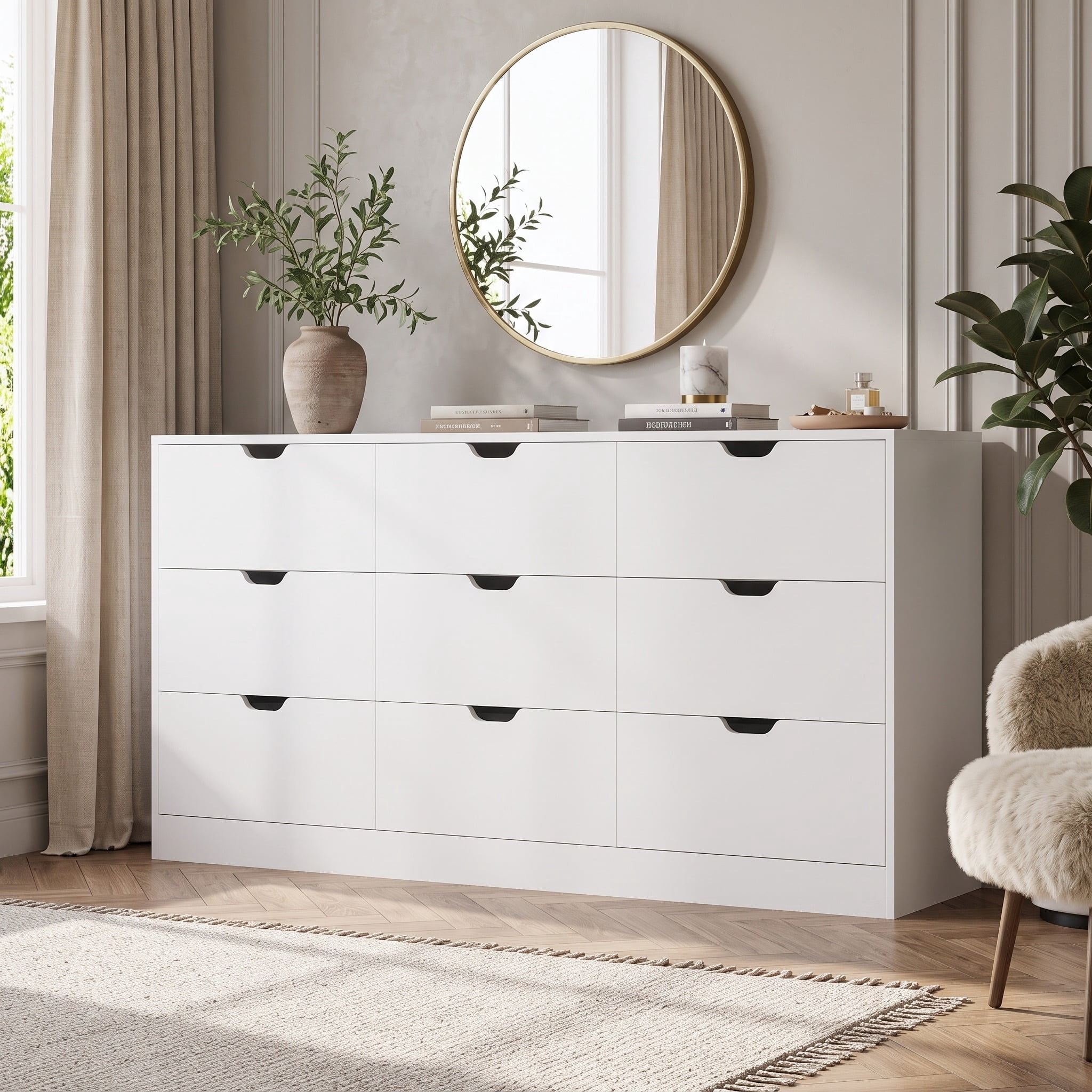 Design Less Bed Afuhokles 9-Drawer Dresser with Handleless Groove Design, Low Profile ...