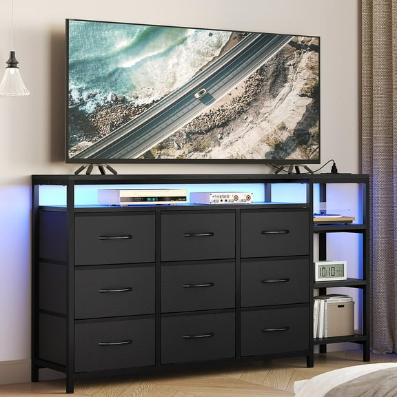Afuhokles 9 Drawers Dressers for Bedroom with LED Lights and Powers Outlets,TV Stand for 55, 60 Inch TV, Entertainment Center with Drawers and Open Shelves, Black