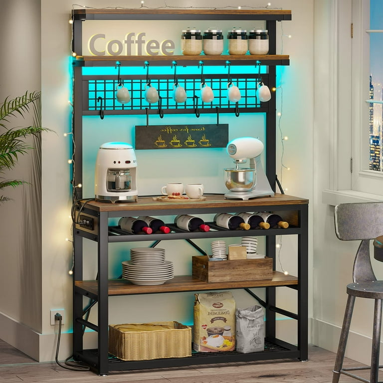 Afuhokles 6 Tier Bakers Rack with Power Outlet Coffee Bar Microwave Stand Wine Rack LED Lights Rustic Brown Walmart