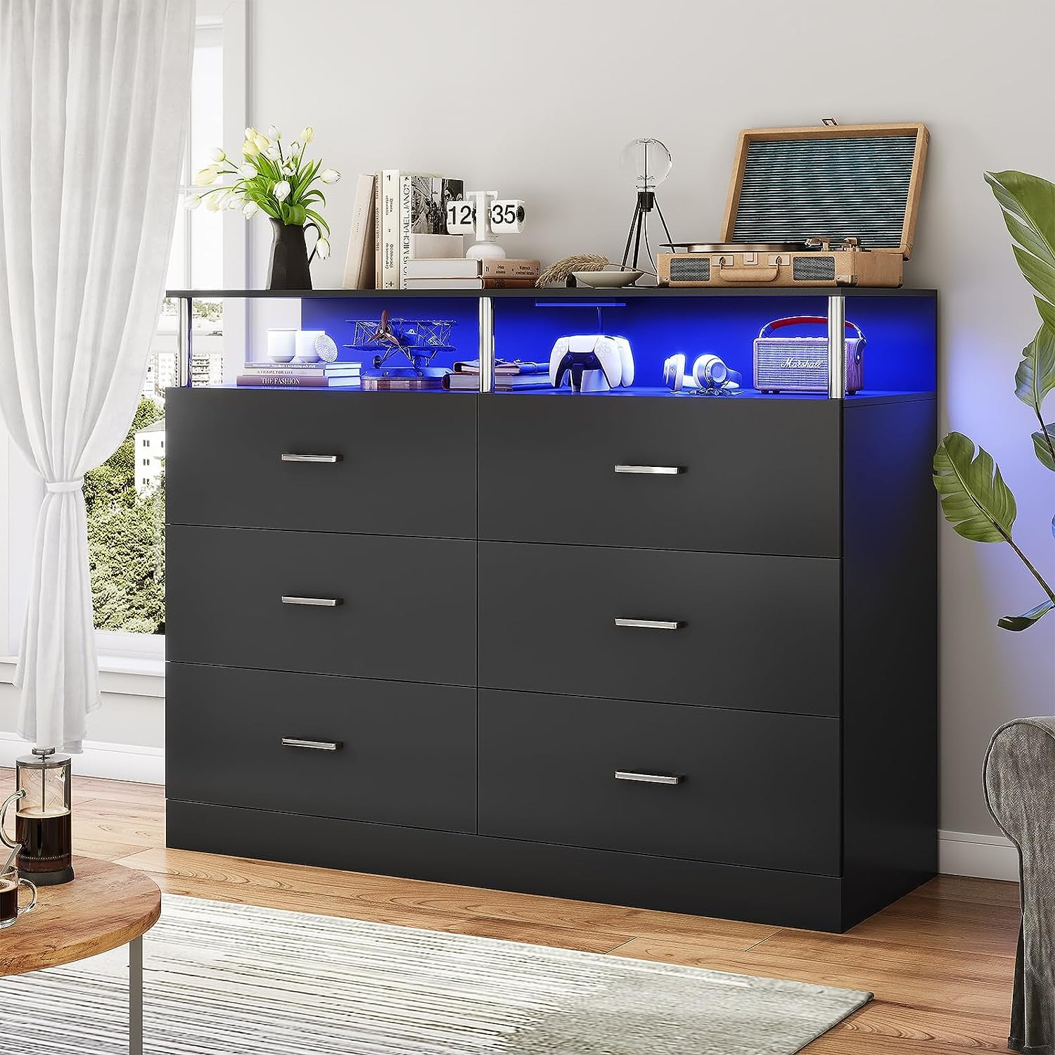 Afuhokles Black 6 Drawer Wood Chest Dresser with Column Design