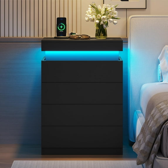 Afuhokles Black Night Stand with 4 Drawers and LED Lights,Tall Nightstand with Sliding Top, Bedside Table with Charging Station
