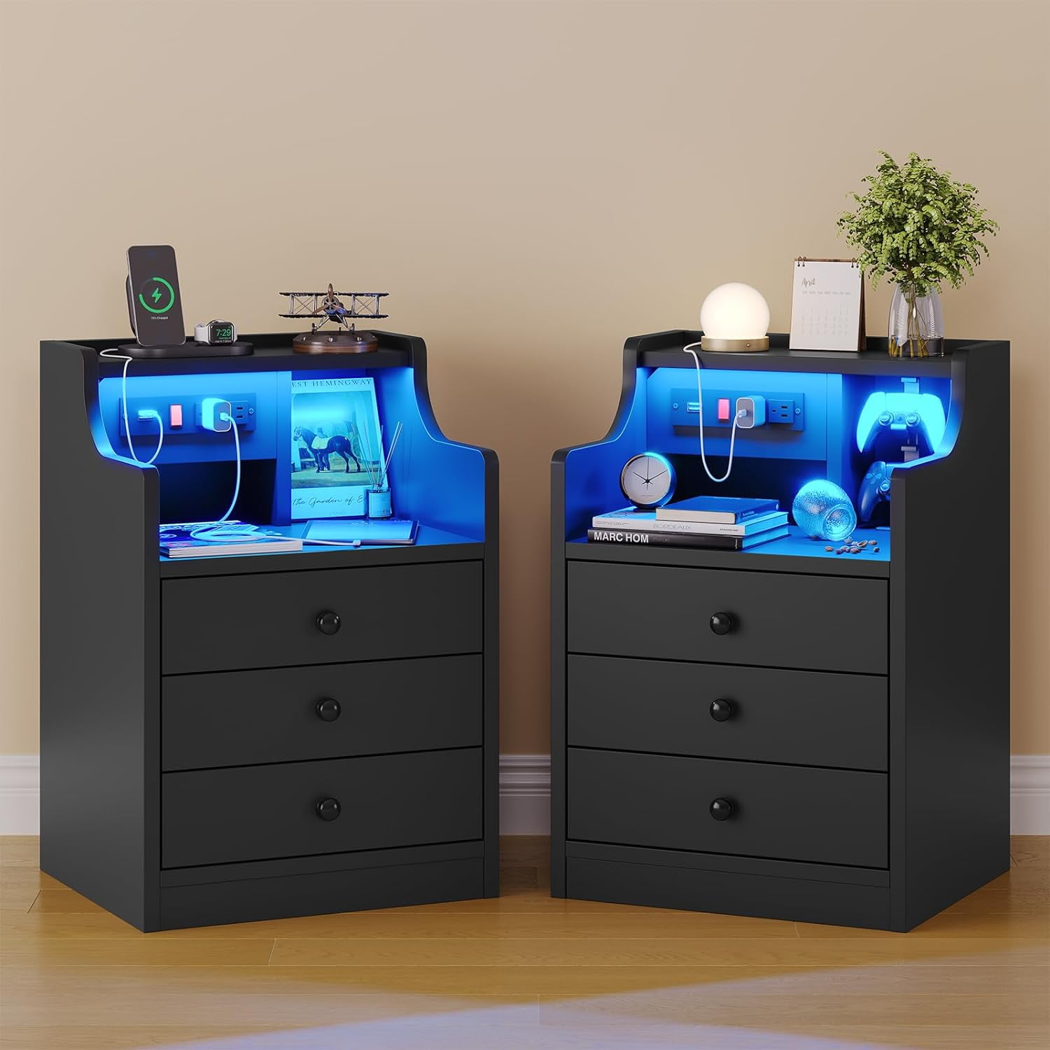 Afuhokles Black Nightstand Set of 2 with LED Light and Charging Station, Modern Bedside Table with Drawers