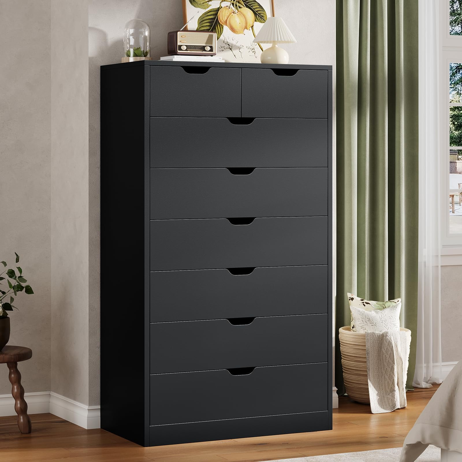 Afuhokles Black Tall Dresser Wood 8 Drawer Dressers for Bedroom, Wood Chest of Drawers Storage Cabinet.