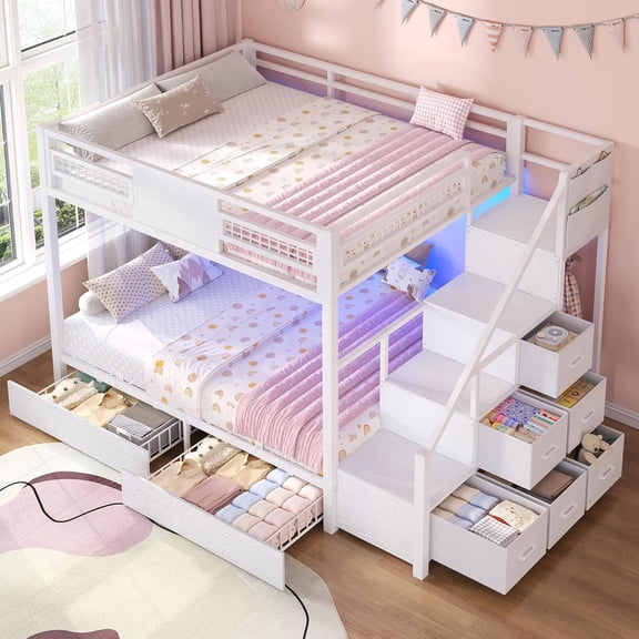 Afuhokles Bunk Bed Full Over Full with Stairs and Dawers, LED Lights Bunk Bed with 2 Storage Drawers and 6 Fabric Drawers, White