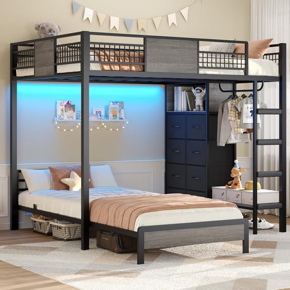 Afuhokles Bunk Bed Twin Over Twin Size with 8 Storage Drawers, Twin Bunk Beds with Led Lights and Storage Shelves, Gray