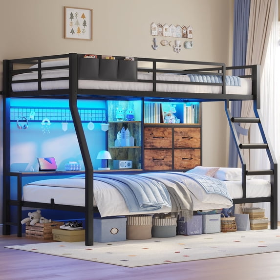 Afuhokles Bunk Bed Twin Over Twin with 4 Storage Drawers and Shelves, Charging Station, Metal Loft Bed with LED Light, Brown