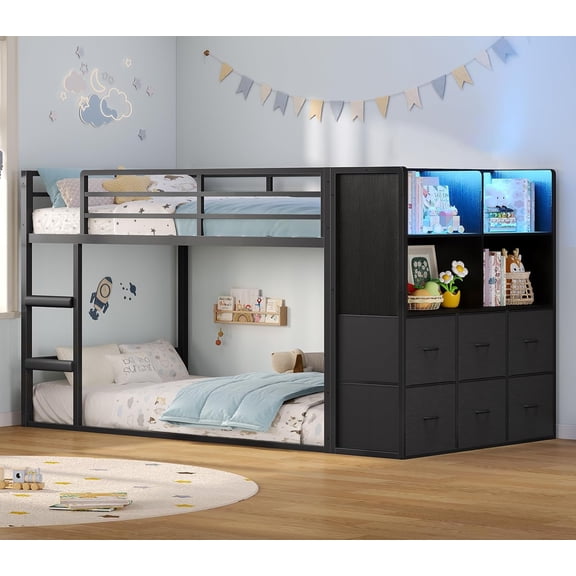 Afuhokles Bunk Bed Twin Over Twin with 6 Large Fabric Drawers and 4 Wooden Storage Bookshelf Organizer, Loft Bed with LED Lights, Pink