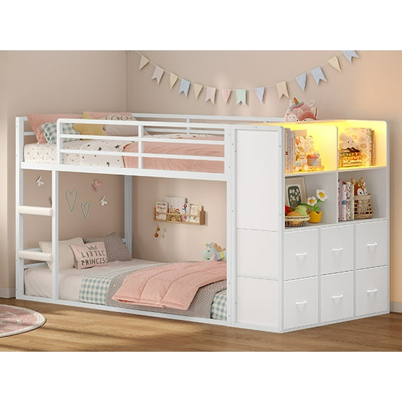 Afuhokles Bunk Bed Twin Over Twin with 6 Large Fabric Drawers and 4 Wooden Storage Bookshelf Organizer, Loft Bed with LED Lights, White