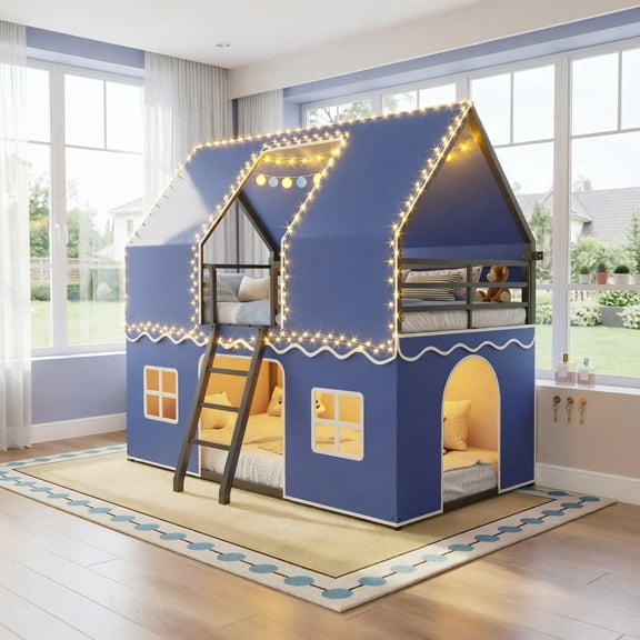 Afuhokles Bunk Bed Twin Over Twin with Play Curtain, House Bunk Bed with LED Lights, Metal Bunk Bed, Blue