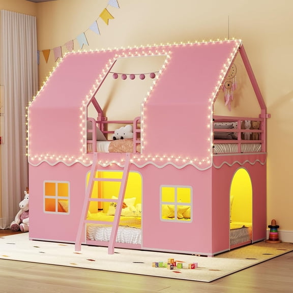 Afuhokles Bunk Bed Twin Over Twin with Play Curtain, House Bunk Bed with LED Lights, Metal Bunk Bed, Pink