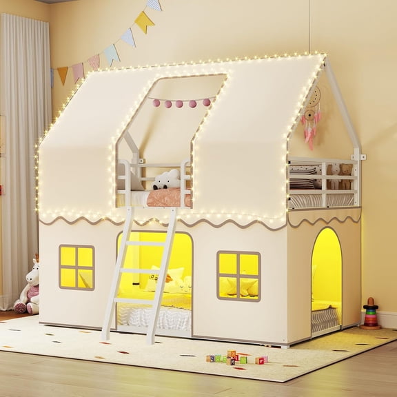 Afuhokles Bunk Bed Twin Over Twin with Play Curtain, House Bunk Bed with LED Lights, Metal Bunk Bed, White