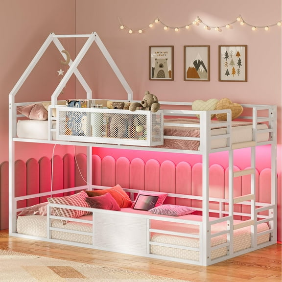 Afuhokles Bunk Bed Twin Over Twin with Storage Shelf and LED Lights, Loft Bed Frame with Charging Station, White
