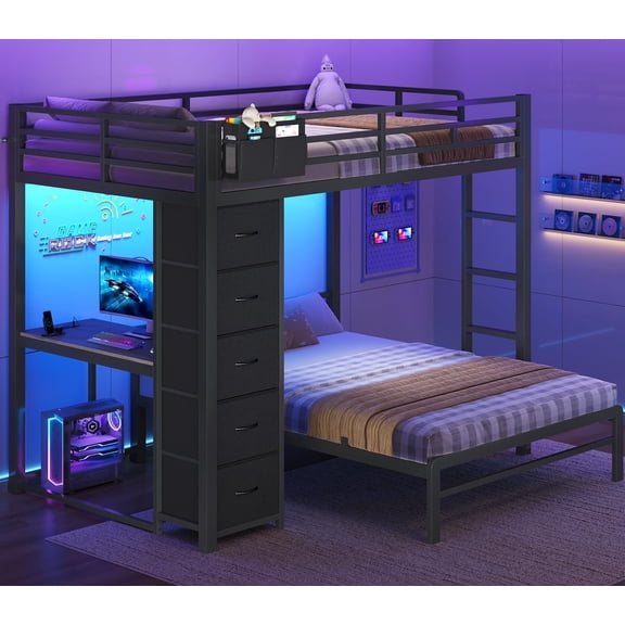Afuhokles Bunk Bed with Desk, Full Over Full Bunk Beds with 5 Storage Drawers and Charging Station, Gray