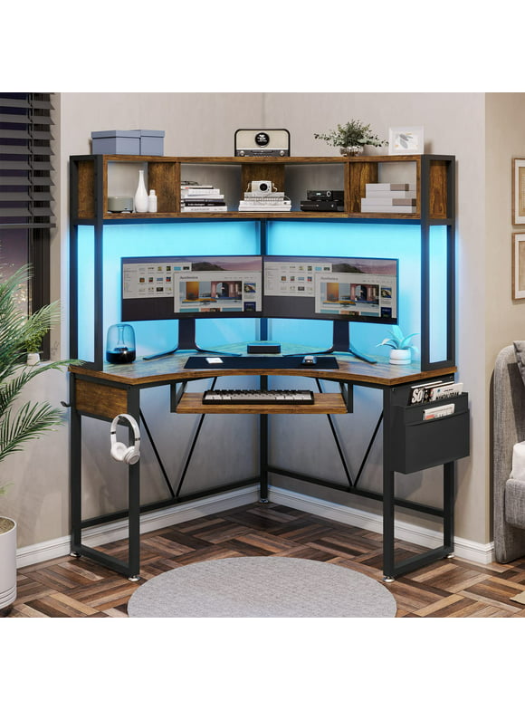 Afuhokles Corner Desk, Small Computer Desk with Hutch & LED Lights, Triangle Corner Computer Desk with Keyboard Tray, Storage Bag, and Headphone Hook, Small Office Desk, Rustic Brown