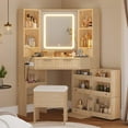 thumbnail image 1 of Afuhokles Corner Vanity Desk with HD Mirror and Lights, Storage Bench and Rotating Shelves, Power Outlet, 4 Drawers, Nature, 1 of 7