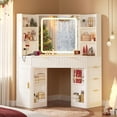 thumbnail image 1 of Afuhokles Corner Vanity, with LED Lights, 5 Drawers and Charging Station, Fluted Wood Makeup Vanity Desk with Mirror, Cabinets, Shelves, Drawers, White, 1 of 9