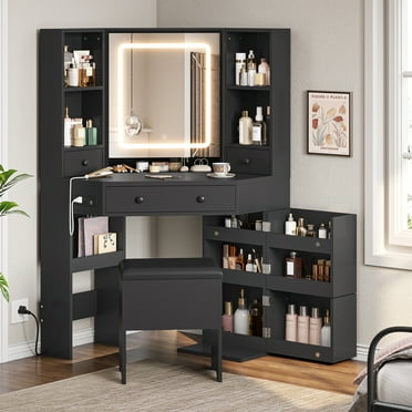 Afuhokles Corner Vanity Set with Lighted Mirror and Charging Station, Vanity Desk with Stool, Rotating Shelves, Black