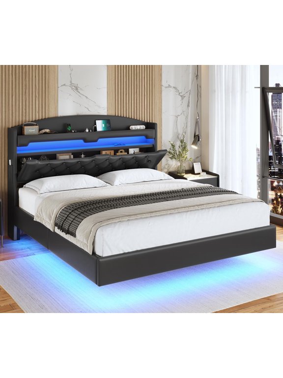 Floating Bed Frame Full Size with Charging Station, Storage Headboard, LED Upholstered Leather Platform Bed, Black PU