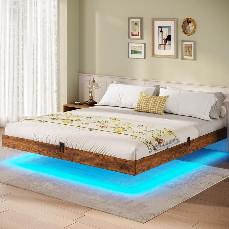 Afuhokles Floating Bed Frame King Size with LED Lights Modern Metal Platform Bed Brown Walmart
