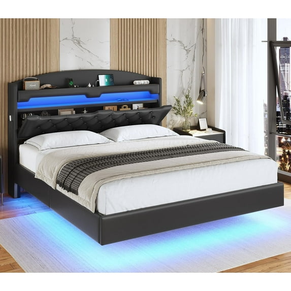 Afuhokles Floating Bed Frame Queen Size with Charging Station, Storage Headboard, LED Upholstered Leather Platform Bed, Black PU