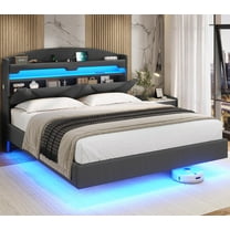 Afuhokles Floating Bed Frame Queen Size with Charging Station, Storage Headboard, LED Upholstered Platform Bed, Dark Gray