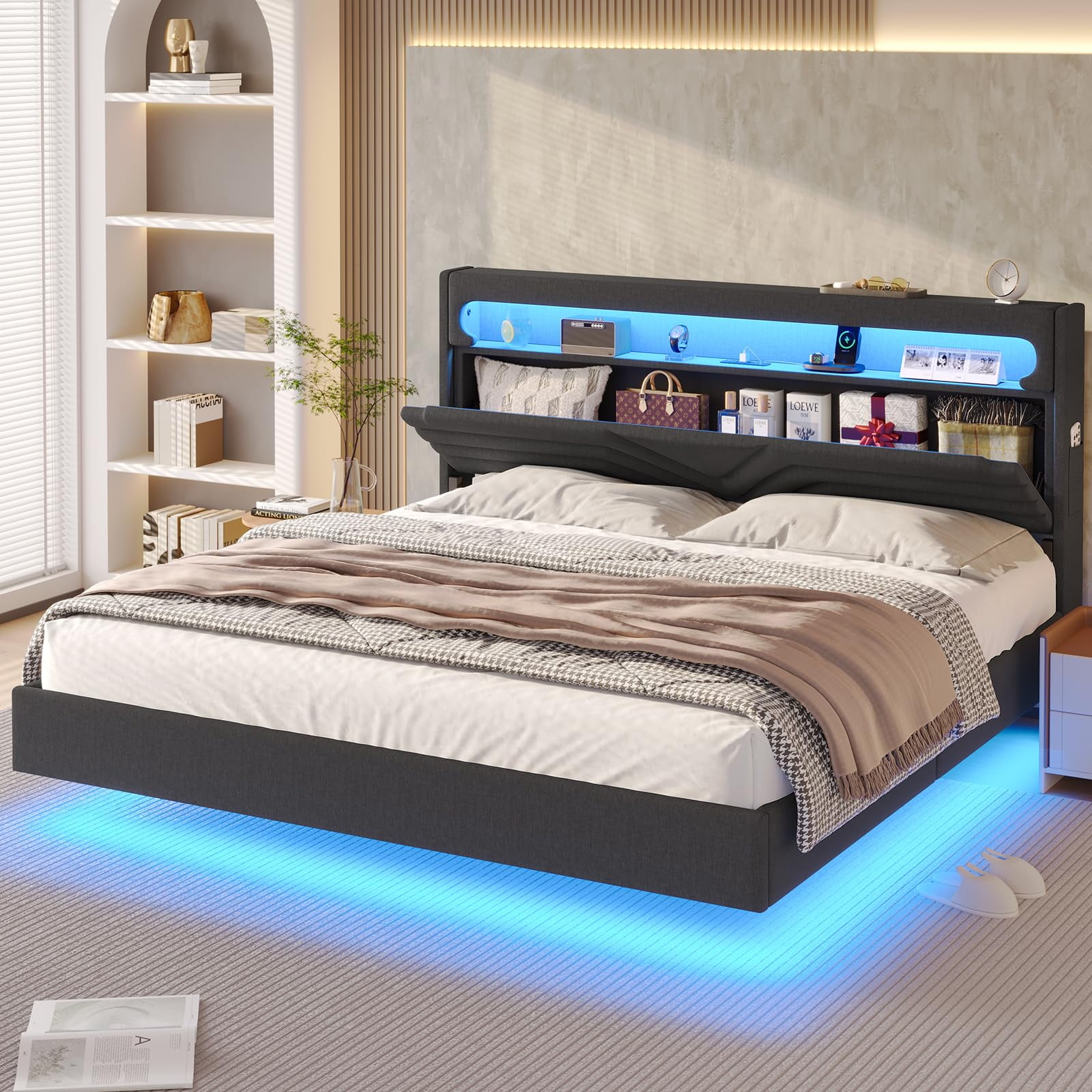 King Size Black Upholstered Floating Bed with Storage and RGB Lighting