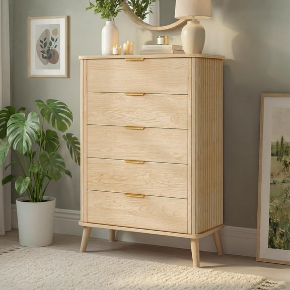 Afuhokles Fluted Dresser for Bedroom,Tall Modern Chest of Drawers with 5 Drawers, Vertical Dresser, Natural Oak