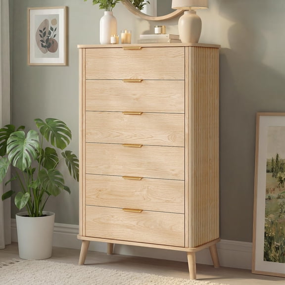 Afuhokles Fluted Dresser for Bedroom,Tall Modern Chest of Drawers with 6 Drawers, Vertical Dresser, Natural Oak