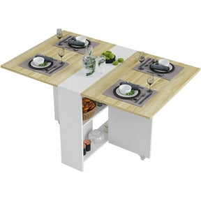 Afuhokles Folding Dining Table 2 Storage Rack, Drop Leaf Table with 6 Wheels, Multifunction Expandable Table for Kitchen, Bedroom, Living Room