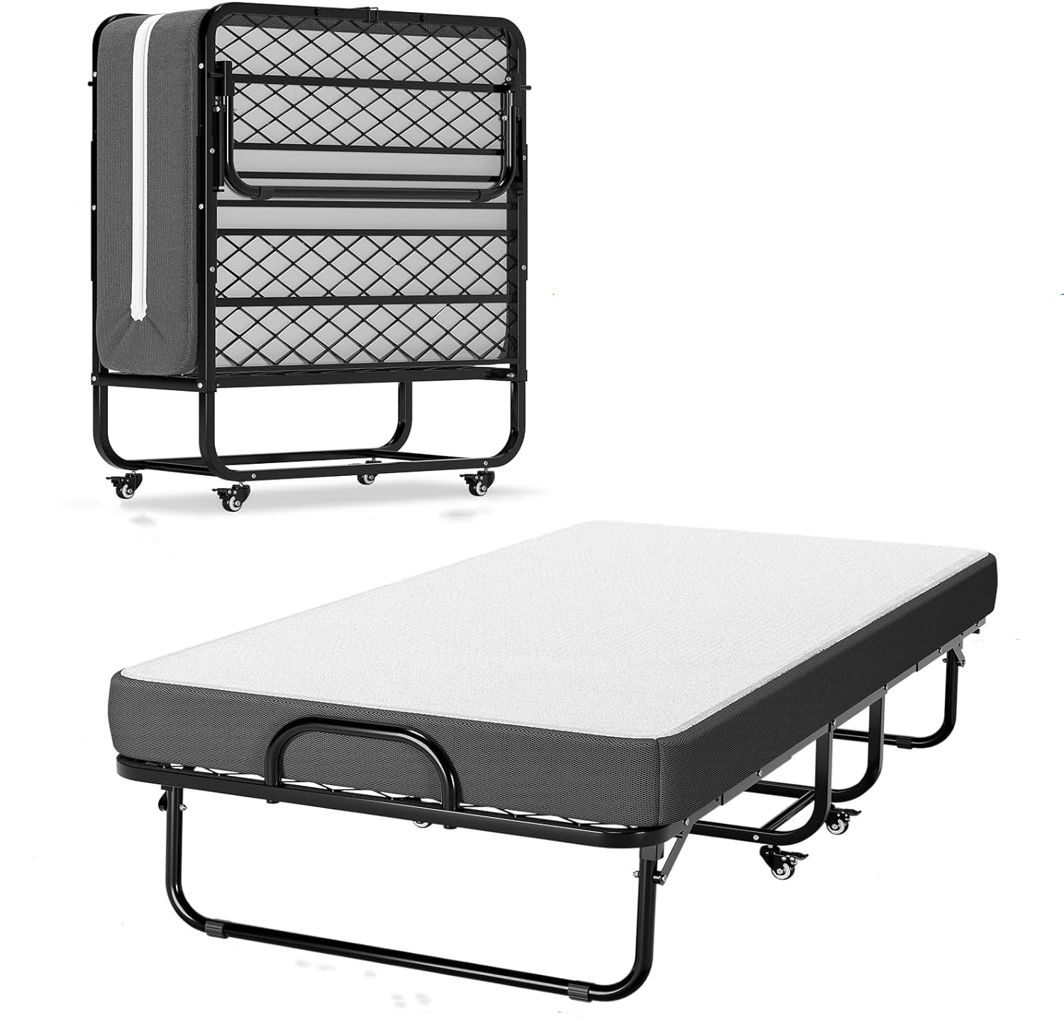 Afuhokles Folding Twin Bed with Mattress, Portable Foldable Guest Bed Frame with 5" Luxurious Memory Foam Mattress and Wheels