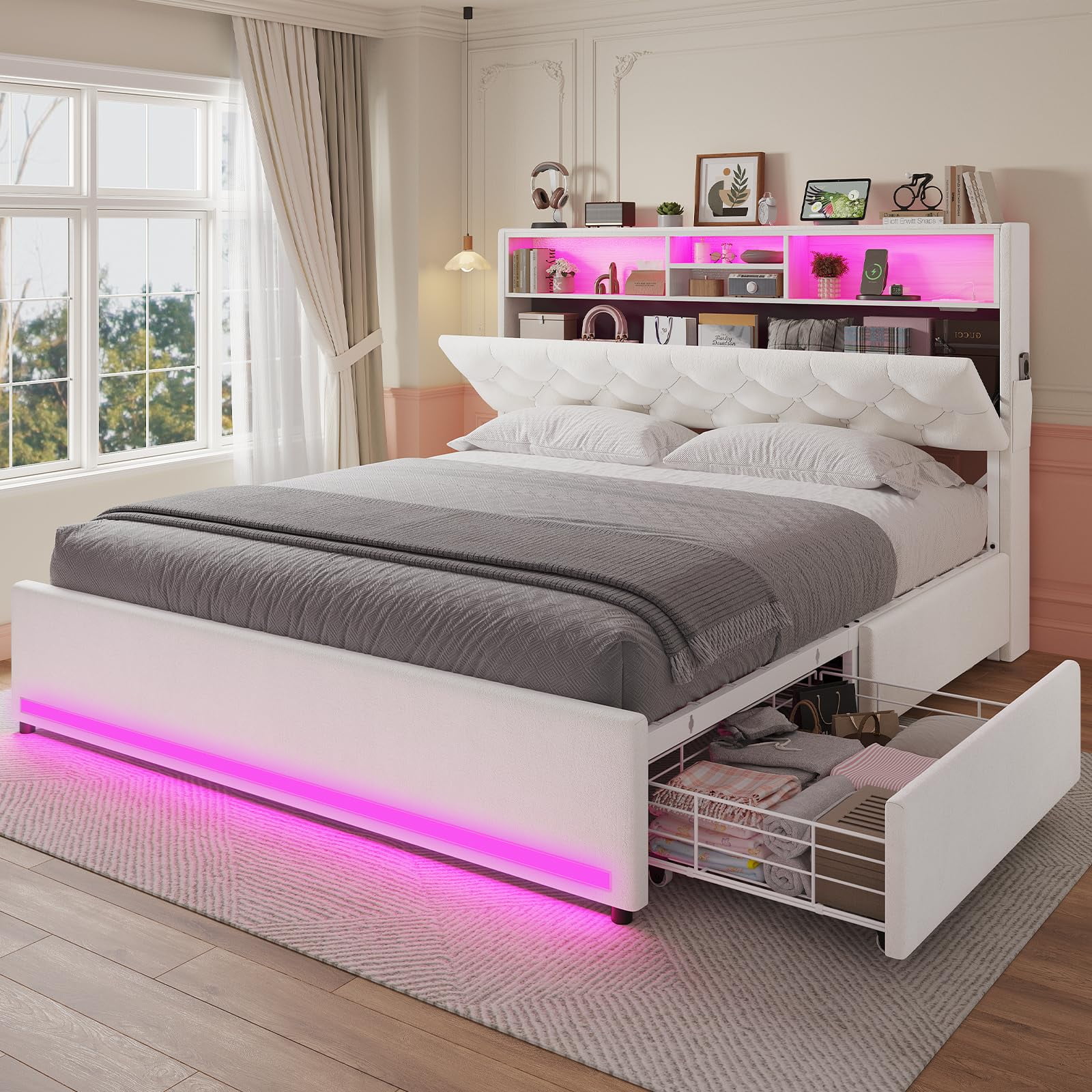Afuhokles Full Bed Frame with Bookcase Headboard,LED Bed Frame with 4 Storage Drawers,Power Outlet, Modern Velvet Upholstered Platform Bed with 5 Shelf, No Box Spring Needed, Creamy White