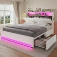 thumbnail image 1 of Afuhokles Full Bed Frame with Bookcase Headboard,LED Bed Frame with 4 Storage Drawers,Power Outlet, Modern Velvet Upholstered Platform Bed with 5 Shelf, No Box Spring Needed, Creamy White, 1 of 8
