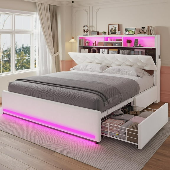 Afuhokles Full Bed Frame with Bookcase Headboard,LED Bed Frame with 4 Storage Drawers,Power Outlet, Modern Velvet Upholstered Platform Bed with 5 Shelf, No Box Spring Needed, Creamy White