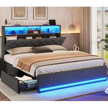 Afuhokles Full Bed Frame with 4 Drawers and Storage Headboard, Upholstered Bed with Charging Station, Linen Gray