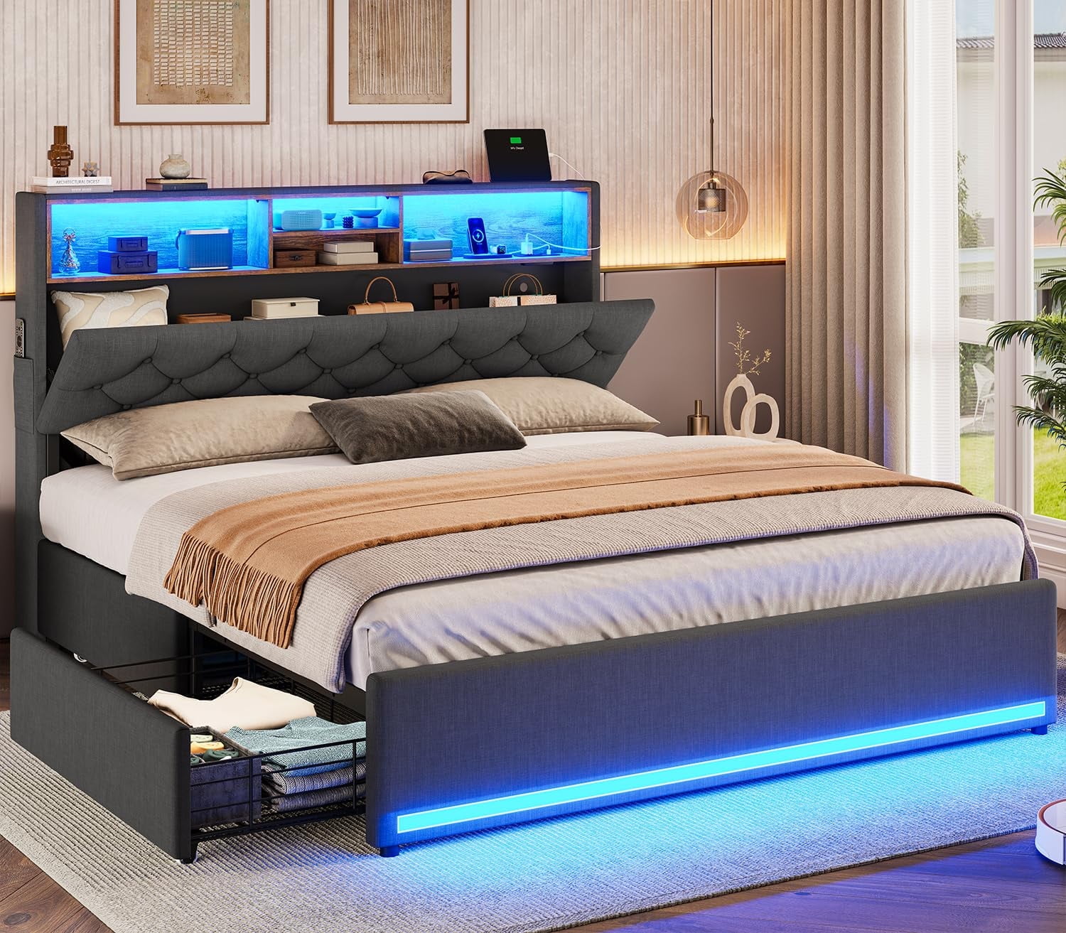 Afuhokles Full Bed Frame with 4 Drawers and Storage Headboard, Upholstered Bed with Charging Station, Linen Gray
