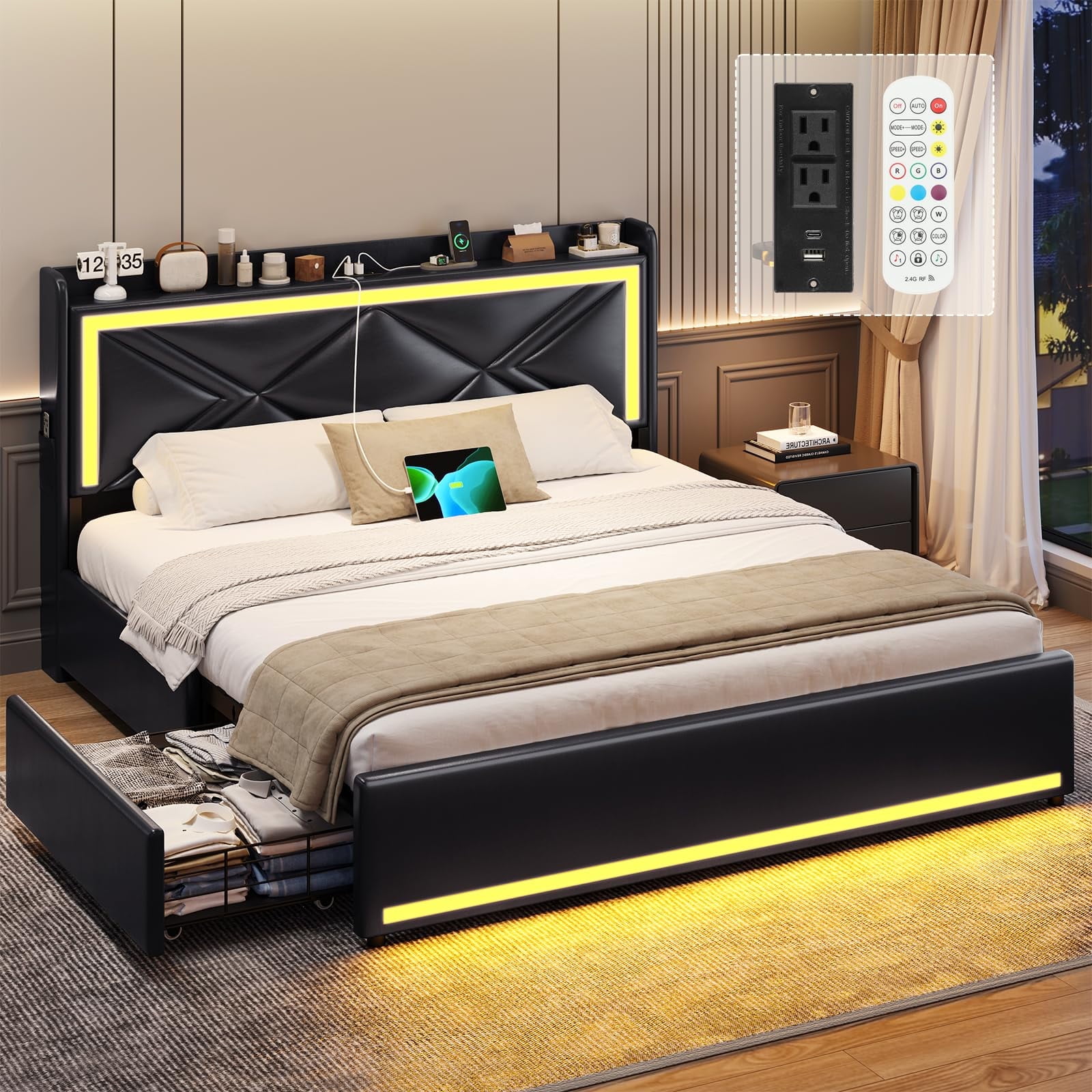 Afuhokles Full Bed Frame with LED Lights Headboard and USB-C/A Charging ...