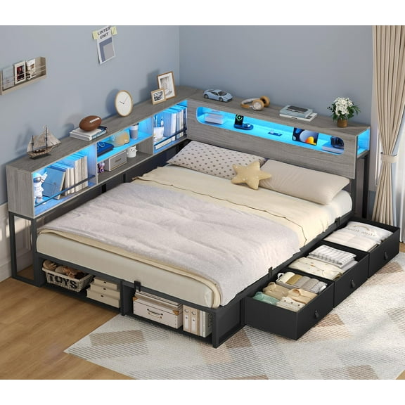 Afuhokles Full Daybed, Corner Bed Frame with Bookcase Storage and LED Light Headboard, Charging Station, Gray