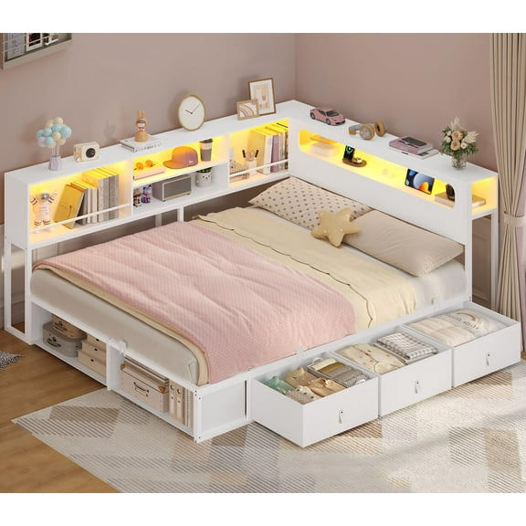 Afuhokles Full Daybed with Bookcase Storage, Corner Bed Frame with LED Light Headboard, Charging Station, White