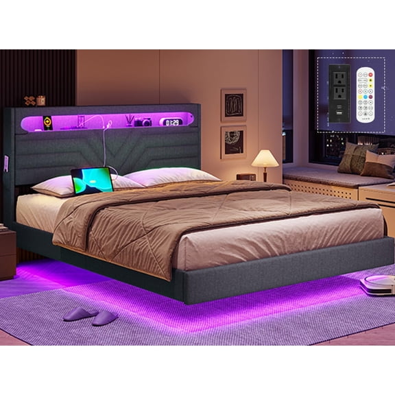 Afuhokles Full Floating Bed Frame with LED Lights Headboard, USB-C/A Power Combo, Upholstered Platform Bed with Storage Headboard, Dark Gray