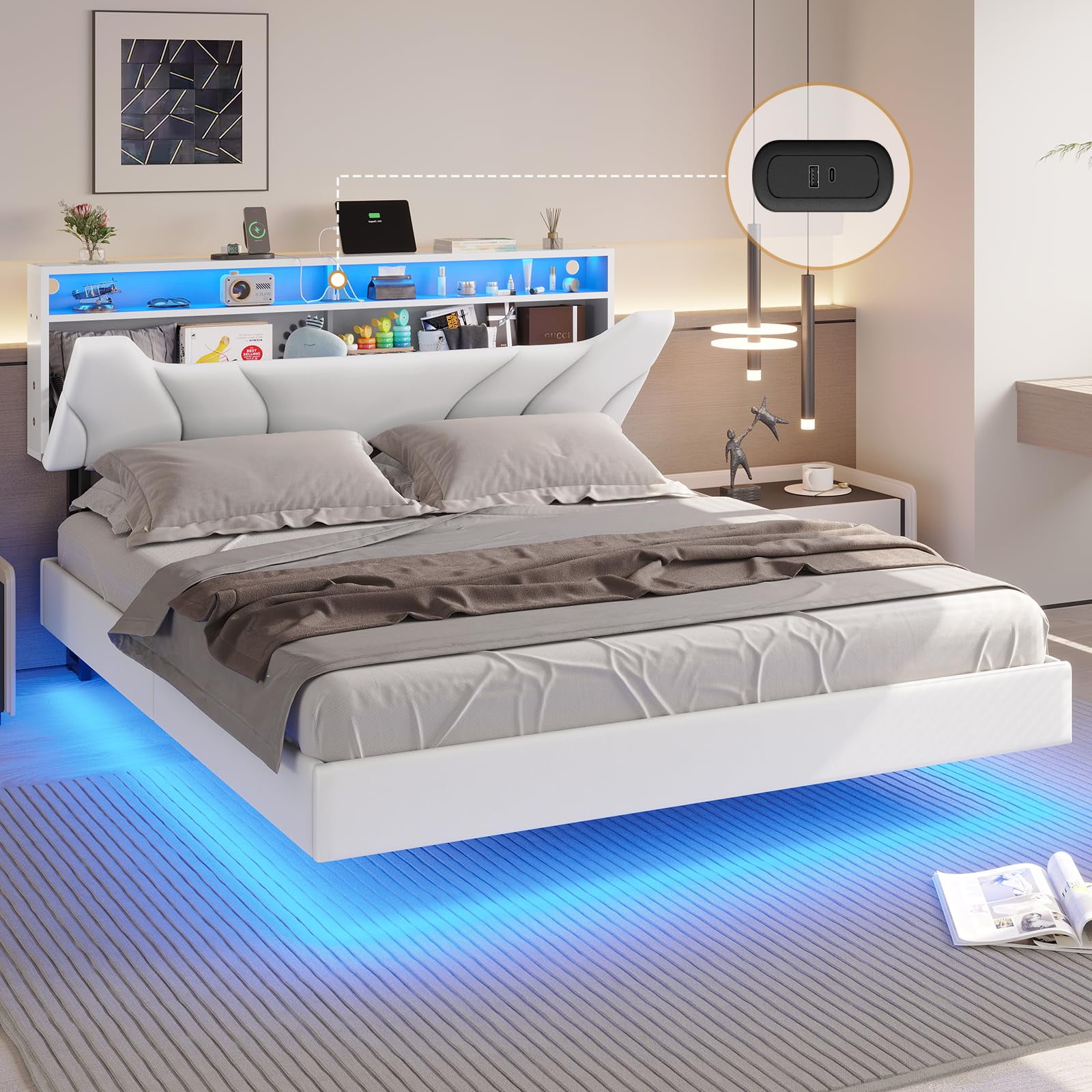 Full Size White Upholstered Floating Bed Frame with LED Lights and Storage
