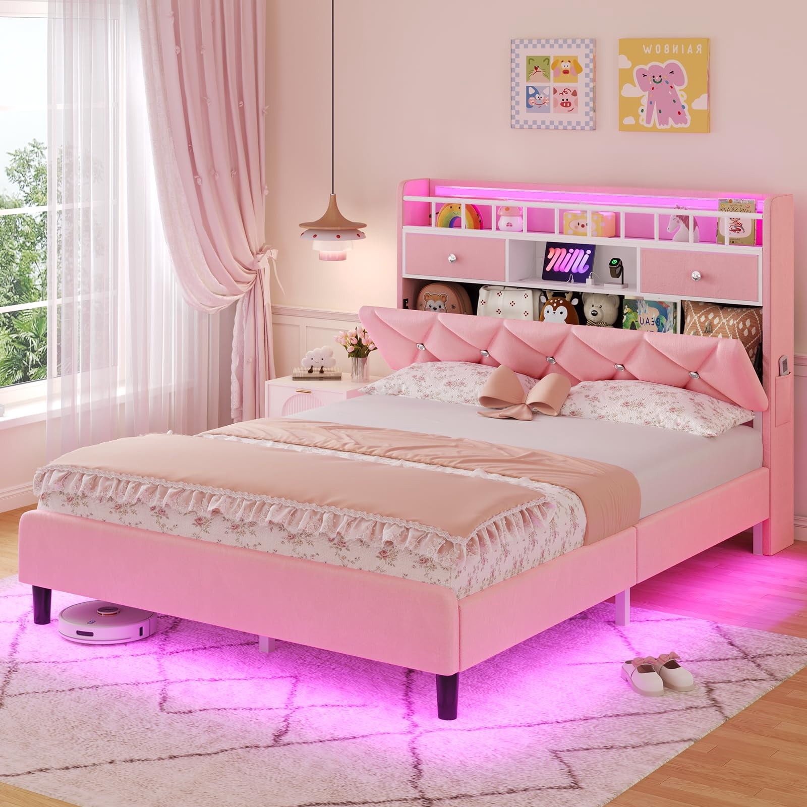 Afuhokles Full LED Bed Frame with Storage Headboard and Charging ...