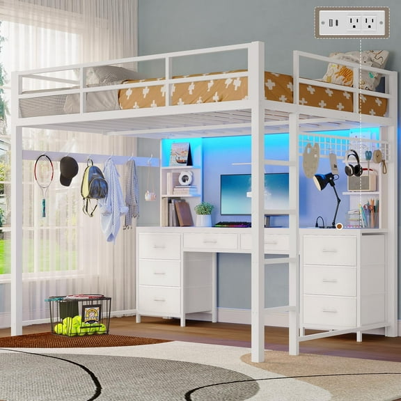 Afuhokles Full Loft Bed with Desk and Charging Station, Metal Loft Bed with 8 Drawers Storage and LED Lights, 4 Open Storage Shelves, White