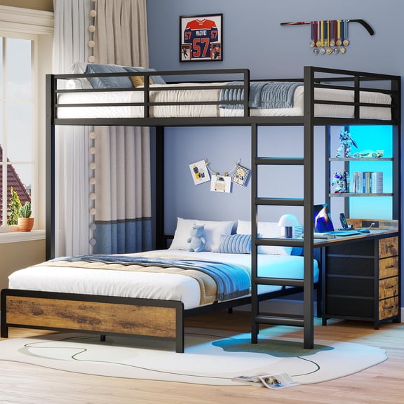 Afuhokles Full Over Full Bunk Bed with Desk, Bunk Beds with Charging Station and Led Lights, Storage Drawers and Shelves, Brown