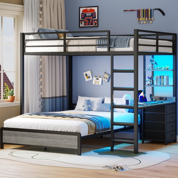 Afuhokles Full Over Full Bunk Bed with Desk, Bunk Beds with Charging Station and Led Lights, Storage Drawers and Shelves, Gray