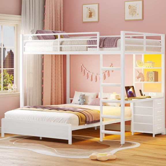 Afuhokles Full Over Full Bunk Bed with Desk, Bunk Beds with Charging Station and Led Lights, Storage Drawers and Shelves, White