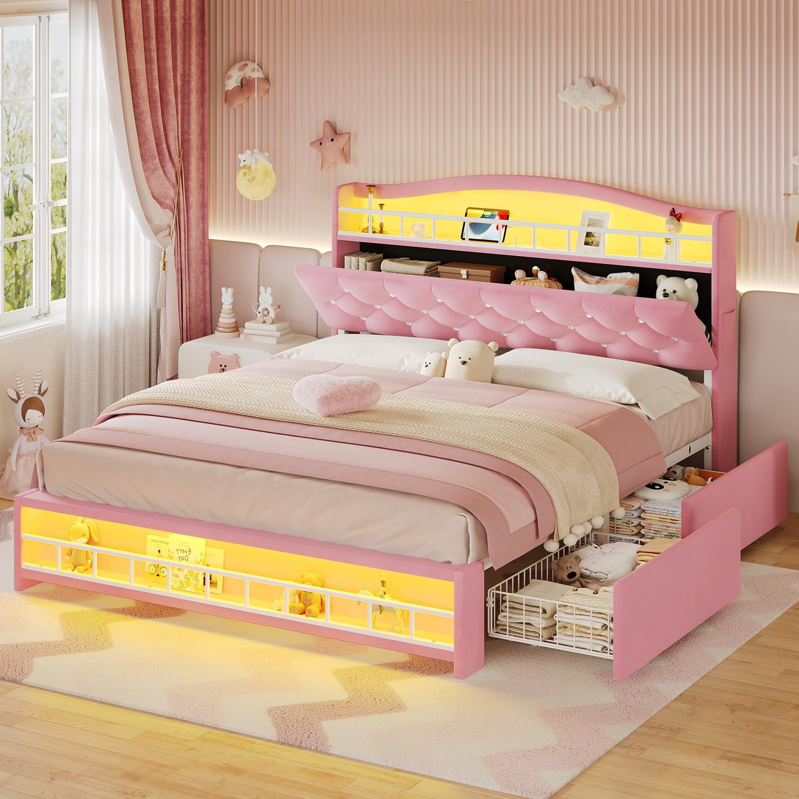 Afuhokles Full Size Bed Frame with LED Lights and 4 Drawers, Velvet Upholstered Platform Bed, Headboard with Charging Station and Crystal Button, Pink